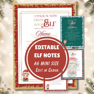 Può includere: Un set di modelli modificabili per mini note A6 a tema elfo con bordi festivi rossi e dorati, testo decorativo A MAGICAL NOTE FROM YOUR ELF e illustrazioni di un piccolo personaggio elfo per la corrispondenza natalizia.