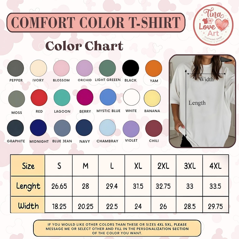 K&ouml;nnte beinhalten: Eine Comfort Color T-Shirt-Farbkarte mit einundzwanzig kreisf&ouml;rmigen Farbfeldern, beschriftet mit Namen wie Pepper, Ivory und Navy. Enth&auml;lt eine Gr&ouml;&szlig;entabelle mit L&auml;ngen- und Breitenma&szlig;en in Zoll f&uuml;r die Gr&ouml;&szlig;en S bis 4XL sowie ein T-Shirt-Foto.