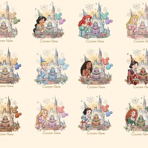 May include: Watercolour illustrations of Disney princesses with birthday cakes, castles, and balloons. Each princess wears a party hat and is next to a cake with the number 2. The text "Custom Name" is below each image. The overall theme is a birthday celebration.