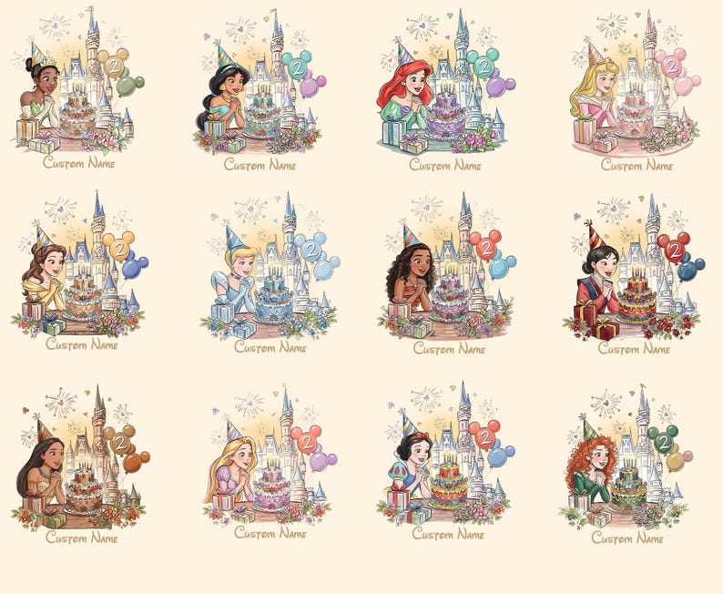 May include: Watercolour illustrations of Disney princesses with birthday cakes, castles, and balloons. Each princess wears a party hat and is next to a cake with the number 2. The text "Custom Name" is below each image. The overall theme is a birthday celebration.