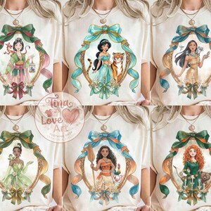 May include: Cream-colored t-shirts featuring watercolor illustrations of Disney princesses within ornate gold frames adorned with bows and ribbons. The designs include Mulan, Jasmine, Pocahontas, Tiana, Moana, and Merida. The text "Tina Love Art" is also visible.