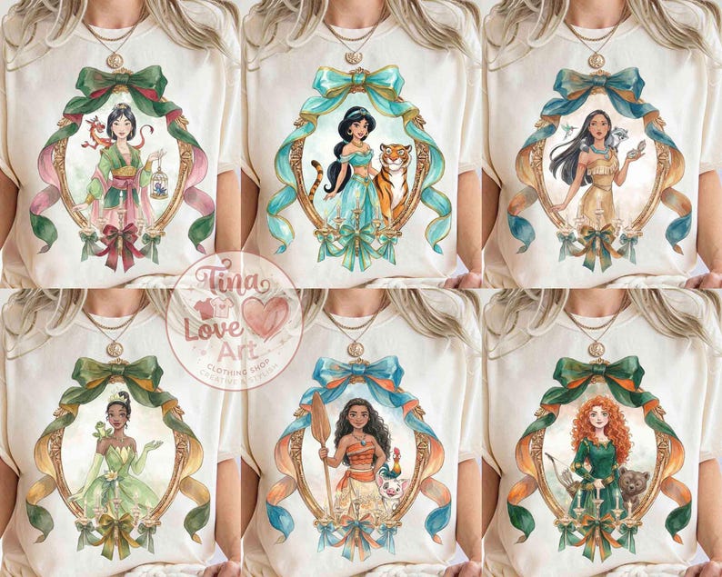 May include: Cream-colored t-shirts featuring watercolor illustrations of Disney princesses within ornate gold frames adorned with bows and ribbons. The designs include Mulan, Jasmine, Pocahontas, Tiana, Moana, and Merida. The text "Tina Love Art" is also visible.