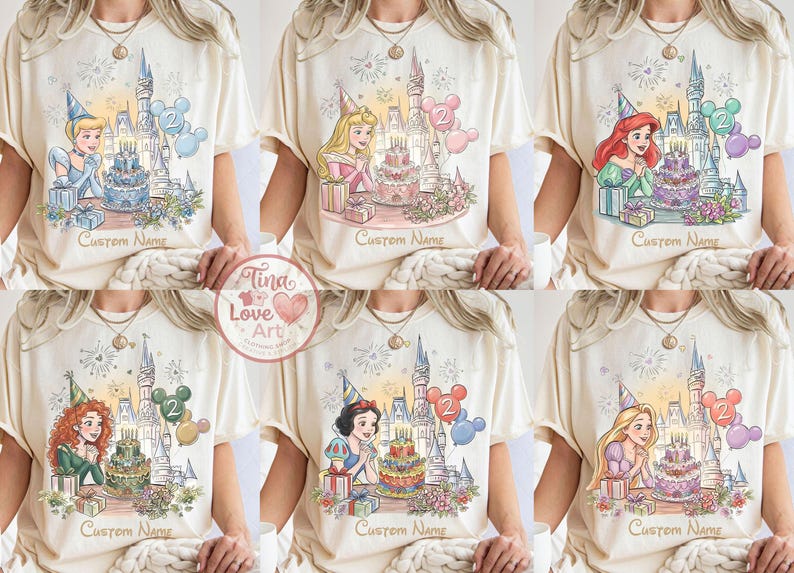 May include: Cream-coloured t-shirts featuring Disney princesses with birthday cake designs, castles, and the text "Custom Name". Each shirt showcases a different princess, including Cinderella, Aurora, Ariel, Merida, Snow White, and Rapunzel.