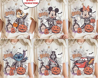 Retro Disney-figuren skelet shirt, Halloween Disney familie-uitje T-shirt, Mickey Minnie Stitch Buzz Spooky shirt, Disney skelet groep cadeau
