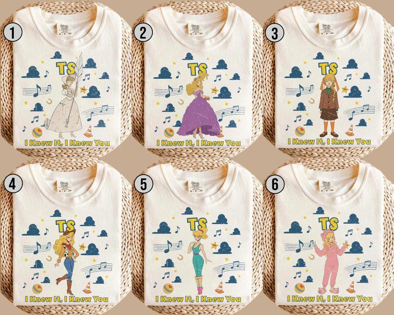 May include: Six off-white t-shirts featuring various cartoon characters, the yellow text TS, musical notes, blue clouds, stars, and the text I Knew It, I Knew You. Each shirt displays a different character including a shepherdess, princess, and cowgirl.