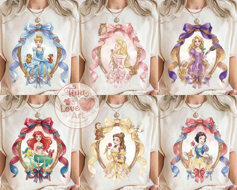 May include: Cream-colored t-shirts featuring watercolor portraits of Disney princesses within ornate frames. Each princess is surrounded by a decorative bow and ribbon. The shirts have a round neckline and short sleeves.