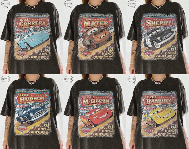 May include: A collection of six black t-shirts, each featuring a different vintage-style graphic of a character from the movie Cars, including Sally Carrera, Tow Mater, Sheriff, Doc Hudson, Lightning McQueen, and Cruz Ramirez with race text.