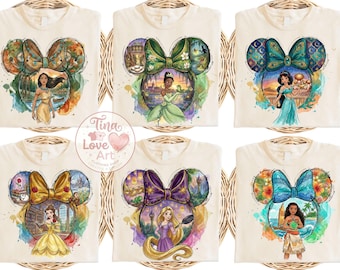 Camiseta de princesa Disney, camiseta con orejas de princesa en acuarela, camiseta para niñas para viaje a Disneyland, top temático para fiesta de princesas, sudadera con cuello redondo de Cenicienta y Bella