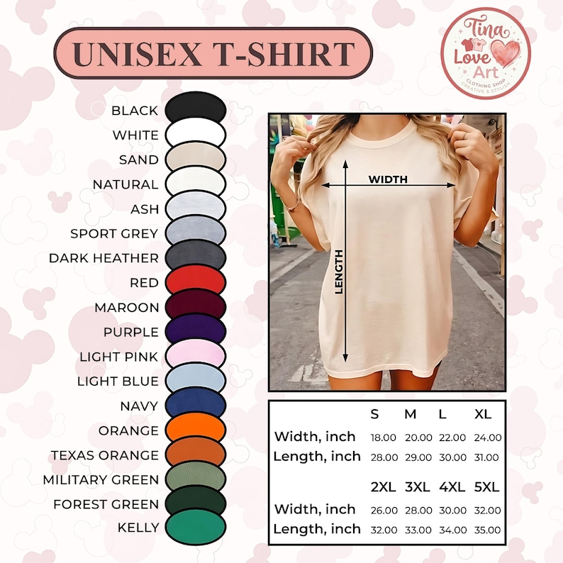 Może przedstawiać: Prezentowana jest unisexowa koszulka w kolorze jasnobeżowym, z tabelą rozmiar&oacute;w wskazującą wymiary szerokości i długości w calach. Koszulka dostępna jest w r&oacute;żnych kolorach, w tym czarnym, białym i granatowym. Obraz zawiera r&oacute;wnież tekst "UNISEX T-SHIRT".