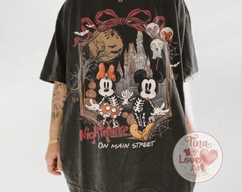 Vintage Nightmare on Main Street Disney-shirt, Mickey Minnie Skeleton Halloween-T-shirt, Retro Disney World Halloween-top, shirt met comfortkleuren
