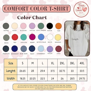 Może przedstawiać: Biała koszulka Comfort Color z paletą kolor&oacute;w, w tym czarnym, czerwonym i niebieskim. Rozmiary od S do 4XL, długości od 67,7 cm do 85,1 cm i szerokości od 46,4 cm do 75,6 cm. Tekst brzmi 'Comfort Color T-Shirt'.