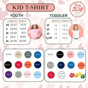 Może przedstawiać: Tabela rozmiar&oacute;w koszulek dla dzieci z wymiarami w calach dla rozmiar&oacute;w młodzieżowych i dla maluch&oacute;w. Opcje kolor&oacute;w obejmują biały, czarny, czerwony, pomarańczowy, granatowy, fioletowy i jasnoniebieski. Obraz zawiera r&oacute;wnież logo Tina Love Art Clothing Shop.