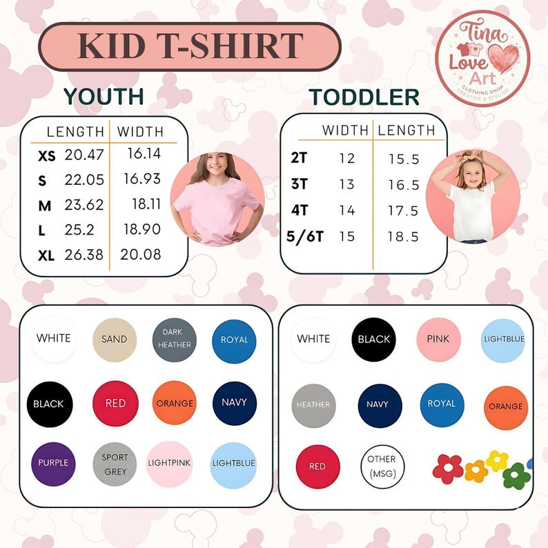 Może przedstawiać: Tabela rozmiar&oacute;w koszulek dla dzieci z wymiarami w calach dla rozmiar&oacute;w młodzieżowych i dla maluch&oacute;w. Opcje kolor&oacute;w obejmują biały, czarny, czerwony, pomarańczowy, granatowy, fioletowy i jasnoniebieski. Obraz zawiera r&oacute;wnież logo Tina Love Art Clothing Shop.