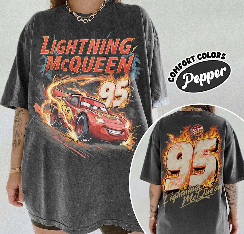 Vintage Lightning McQueen Shirt, Retro Cars Graphic Tee, McQueen Racing Front and Back Shirt, Disney Pixar Cars Family Vacation Trip Tee image 1