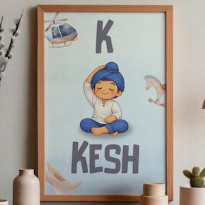 May include: A framed art print featuring a cartoon illustration of a child wearing a blue turban, seated in a cross-legged position. The word "KESH" is displayed below the child. A helicopter and a rocking horse are also depicted.