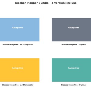 Può includere: Un pacchetto di prodotti digitali per insegnanti, con quattro versioni di un planner. L'immagine mostra quattro blocchi rettangolari in blu, grigio, giallo e verde acqua, ognuno con la parola "Anteprima" e una descrizione.
