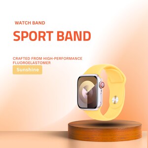 May include: A yellow sport watch band with a silver watch face. The watch band is made of high-performance fluoroelastomer. The text on the image reads "WATCH BAND SPORT BAND CRAFTED FROM HIGH-PERFORMANCE FLUOROELASTOMER Sunshine."