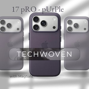 Puede incluir: Tres fundas moradas para teléfono con el texto "17 PRO - pUrPle" y "TECHWOVEN". Las fundas tienen un aspecto texturizado y están diseñadas para un teléfono con múltiples lentes de cámara. La parte inferior de la imagen dice "with MagSafe".