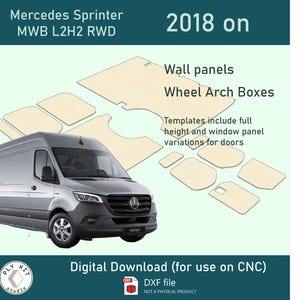 Könnte beinhalten: Eine digitale DXF-Datei zum Download für CNC-Maschinen mit Vorlagen für Wandpaneele und Radkastenverkleidungen für den Mercedes Sprinter ab 2018, MWB L2H2 RWD. Das Bild zeigt einen silbernen Transporter und flache Holzelement-Vorlagen.