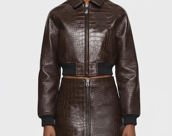 Avirex Crocodile Leather Crop Jacket and Skirt Set, Handmade Textured Outfit, Women's Luxury Fashion