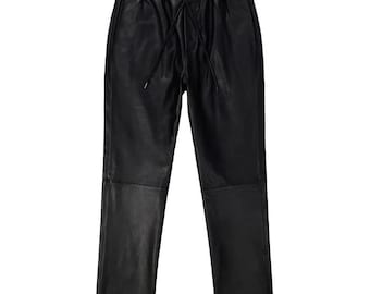 Avirex Personalized Men's Black Nappa Leather Track Pants – Handmade Lambskin Joggers, Wide Fit