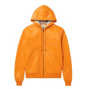 May include: Orange leather zip-up hoodie with a hood and front pockets. The hoodie features the embossed word "Aimer's" across the chest. The jacket has ribbed cuffs and hem, and a silver zipper.