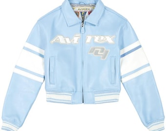 Women's Blue Avirex Cropped Leather Jacket – Moto Bomber, Cowhide