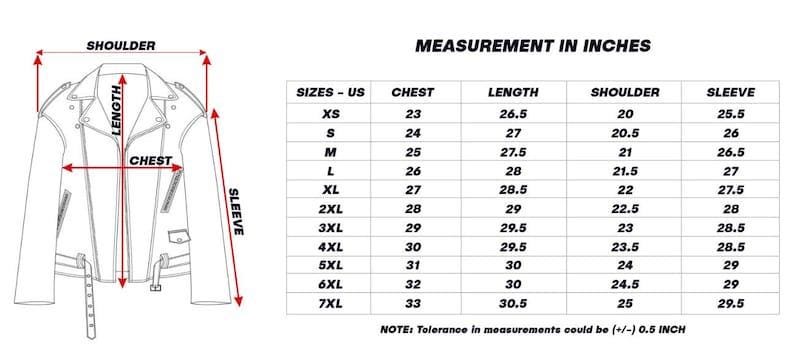 K&ouml;nnte beinhalten: Diagramm einer Jacke mit Ma&szlig;en in Zoll. Das Diagramm zeigt die Brust-, L&auml;ngen-, Schulter- und &Auml;rmelma&szlig;e f&uuml;r die Gr&ouml;&szlig;en XS bis 7XL. Der Text "MEASUREMENT IN INCHES" steht oben. Hinweis: Die Messtoleranz kann (+/-) 0,5 ZOLL betragen.