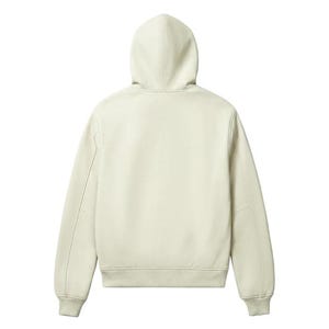May include: Cream-colored hoodie with a drawstring hood and ribbed cuffs and hem. The back view of the sweatshirt shows a clean, minimalist design with a subtle seam detail on the sleeves. A casual, comfortable outerwear garment.