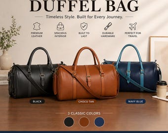 Navy Tan Full-Grain Leather Duffel Bag Weekender, Cow Pull-Up Travel Luggage