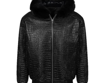 Men's Black Handmade Crocodile Embossed Bomber Leather Jacket Alligator Pattern Winter Outerwear Coat