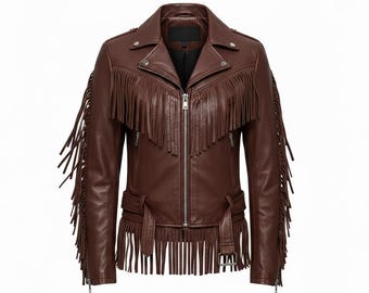 Women's Genuine Cowhide Leather Fringe Biker Jacket, Western Tassel Motorcycle Style