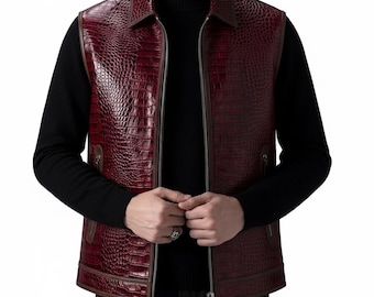 Genuine Crocodile Embossed Leather Vest, Dark Red Western Gilet For Him