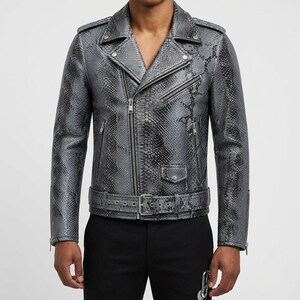 Grey Snakeskin Leather Jacket - Men's Python Print Moto Biker Jacket - Exotic Snake Pattern Biker Coat - Streetwear Punk Leather Jacket