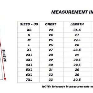 May include: Diagram of a black leather jacket with measurement labels for chest, length, shoulder, and sleeve. A size chart in inches shows measurements for sizes XS to 7XL. Note: Tolerance in measurements could be (+/-) 0.5 inch.