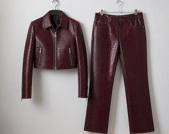 Women's Burgundy Cowhide Leather Jacket & Pants Set - Crocodile Embossed Biker Style