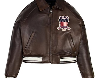 Women's Red Avirex Cropped Leather Moto Bomber Jacket