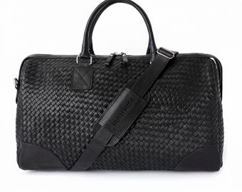 Handmade Braided Moroccan Leather Duffle Bag, Unisex Travel Weekender, Kilim Pattern