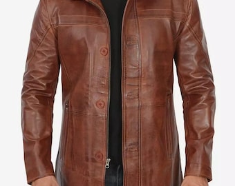 Men's Tall Cognac Lambskin Leather Car Coat 3/4 Length Button Winter Jacket