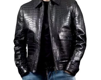New Men's Cowhide Black Handmade Crocodile Embossed Pattern Real Leather Jacket Alligator Print Style Luxury Biker Jacket