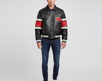 Avirex 75th Jubiläum Bomberjacke aus Leder, Vintage Varsity Style