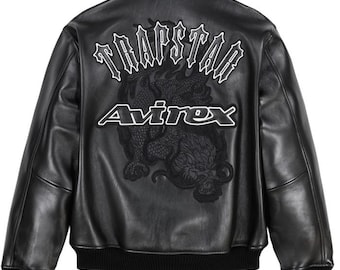 Handmade Avirex x Trapstar Black Bomber Jacket Lambskin Leather Limited Edition Men’s Flight Jacket