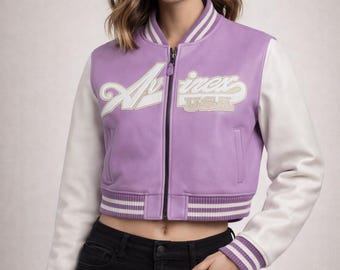 Violet Leather Cropped Varsity Jacket | Women's Bomber