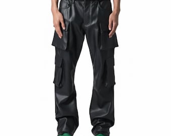 Custom Color Leather Cargo Pants, Brown Motorcycle Biker Streetwear, Handmade Custom Fit