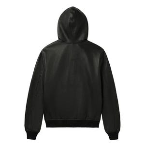 May include: A black leather jacket with a hood, viewed from the back. The jacket has a ribbed hem and cuffs. The hood is attached to the jacket and is made of the same material. The jacket appears to be a bomber style.