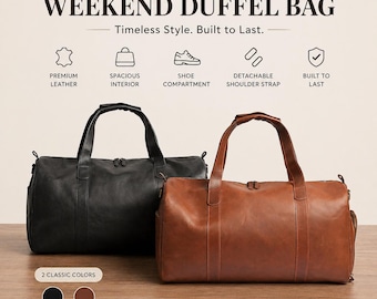 Camel Brown Full-Grain Leather Duffle Bag, Men's Weekender Travel Carry-On