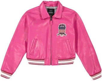 Women's Pink Avirex Cropped Leather Jacket – Moto Bomber, Cowhide