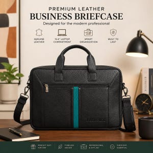 Może przedstawiać: Czarna skórzana teczka biznesowa z turkusowym paskiem, z przegrodą na laptopa 15,6". Torba ma górny uchwyt, pasek na ramię i napis "HUSH HIDE". Obraz zawiera również tekst "PREMIUM LEATHER BUSINESS BRIEFCASE".