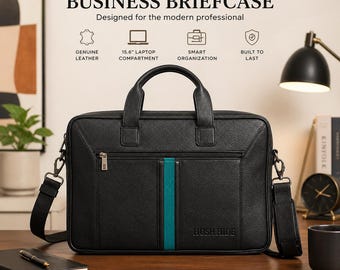 Full Grain Leather Messenger Bag | Laptop Satchel, Office Briefcase, Accent Stripe Detail