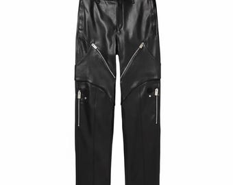 Men's Black Leather Biker Pants – Multi Zipper Moto Trousers, Custom Fit Streetwear